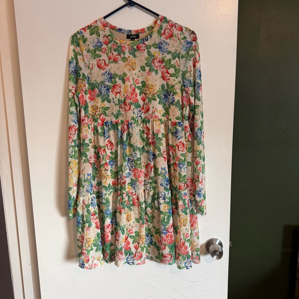AFRM floral mesh mini dress long sleeves cutout back tiered babydoll dress